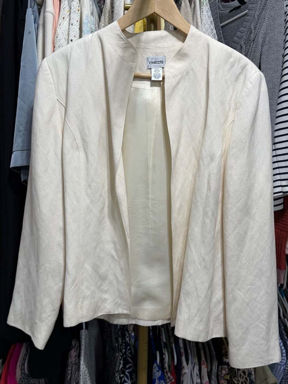 Chico's Blazer Size 2 Cream Linen Blend Open Front